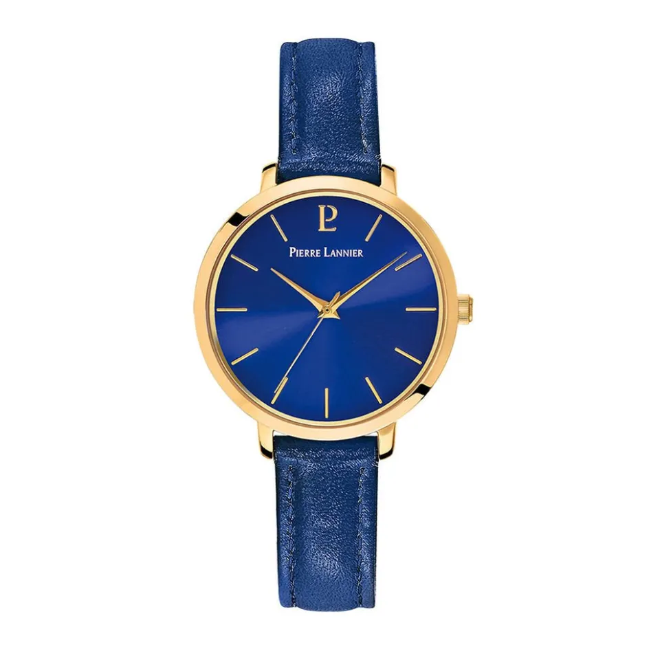 Best PIERRE LANNIER Montre Chouquette Bleu cadran doré fond bleu bracelet cuir bleu