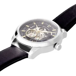 Clearance PIERRE LANNIER Montre Collection Automatique 44 Acier Argenté cadran argenté fond noir bracelet cuir noir