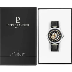 Clearance PIERRE LANNIER Montre Collection Automatique 44 Acier Argenté cadran argenté fond noir bracelet cuir noir