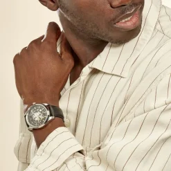 Clearance PIERRE LANNIER Montre Collection Automatique 44 Acier Argenté cadran argenté fond noir bracelet cuir noir