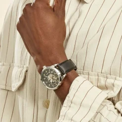 Clearance PIERRE LANNIER Montre Collection Automatique 44 Acier Argenté cadran argenté fond noir bracelet cuir noir