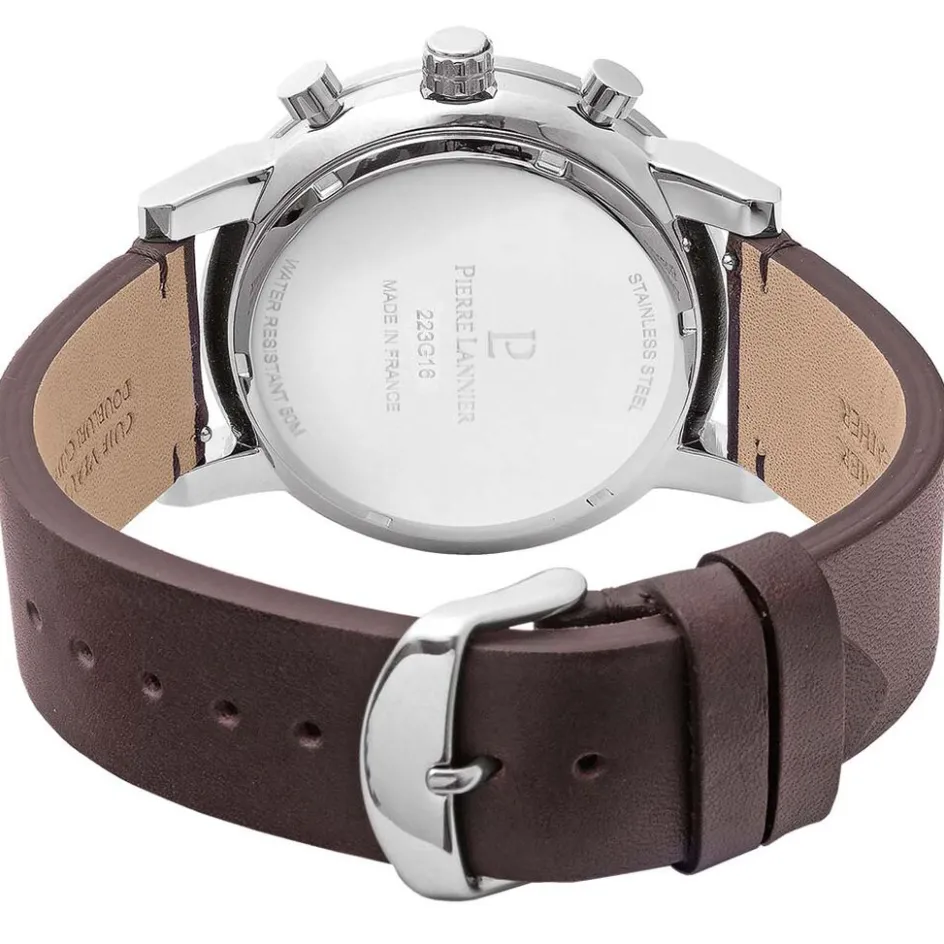 PIERRE LANNIER Montre Criterium Bleu cadran argenté fond bleu bracelet cuir brun