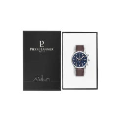 PIERRE LANNIER Montre Criterium Bleu cadran argenté fond bleu bracelet cuir brun