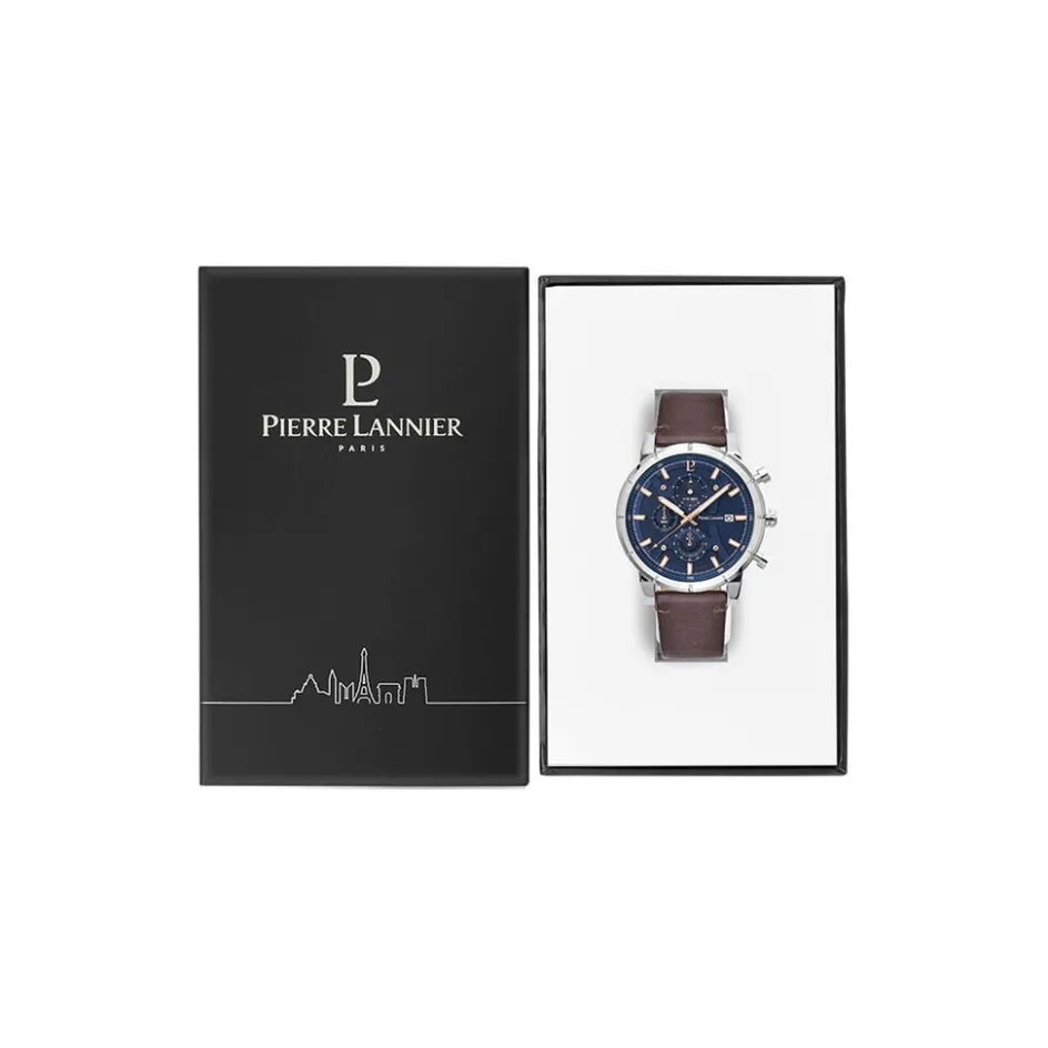 PIERRE LANNIER Montre Criterium Bleu cadran argenté fond bleu bracelet cuir brun
