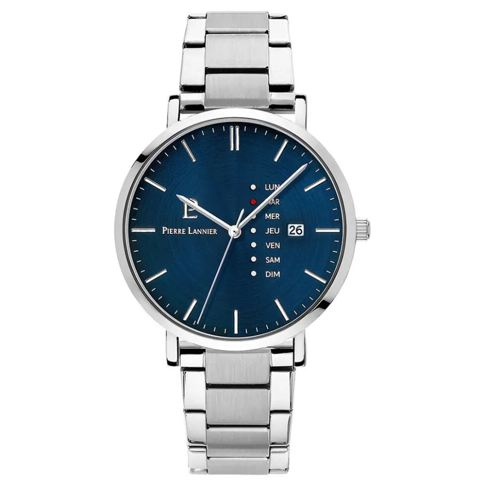 Outlet PIERRE LANNIER Montre Data Bleu cadran argenté fond bleu bracelet acier argenté