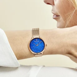 Discount PIERRE LANNIER Montre Elara Bleu cadran doré rose fond bleu bracelet acier doré rose