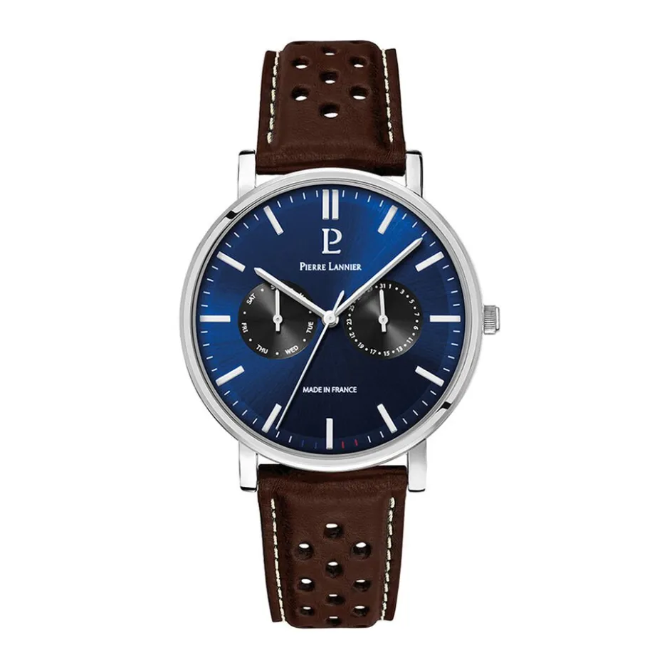 PIERRE LANNIER Montre Essential Bleu cadran argenté fond bleu bracelet cuir de vache marron