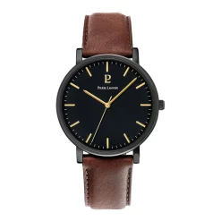 Clearance PIERRE LANNIER Montre Essential Noir cadran noir fond noir bracelet cuir marron