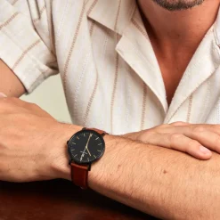 Clearance PIERRE LANNIER Montre Essential Noir cadran noir fond noir bracelet cuir marron