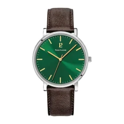 New PIERRE LANNIER Montre Essential Vert cadran argenté fond vert bracelet cuir marron
