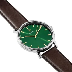 New PIERRE LANNIER Montre Essential Vert cadran argenté fond vert bracelet cuir marron