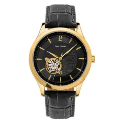 Discount PIERRE LANNIER Montre Fleuret Noir cadran doré fond noir bracelet cuir noir