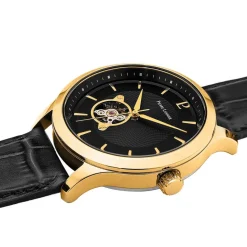 Discount PIERRE LANNIER Montre Fleuret Noir cadran doré fond noir bracelet cuir noir