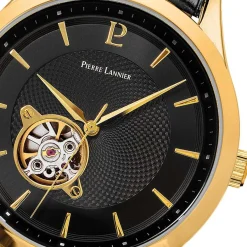 Discount PIERRE LANNIER Montre Fleuret Noir cadran doré fond noir bracelet cuir noir