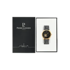 Discount PIERRE LANNIER Montre Fleuret Noir cadran doré fond noir bracelet cuir noir