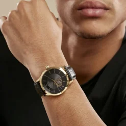 Discount PIERRE LANNIER Montre Fleuret Noir cadran doré fond noir bracelet cuir noir