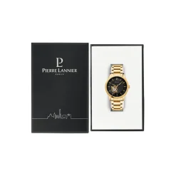 Hot PIERRE LANNIER Montre Fleuret Noir cadran doré fond noir bracelet acier doré