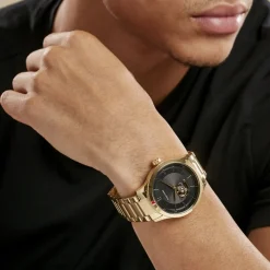 Hot PIERRE LANNIER Montre Fleuret Noir cadran doré fond noir bracelet acier doré