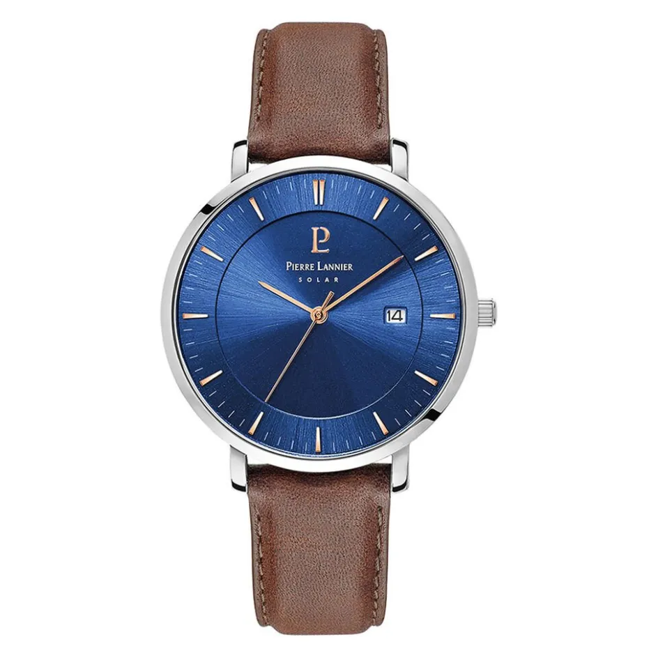 Best PIERRE LANNIER Montre Inti Bleu cadran argenté fond bleu bracelet cuir brun