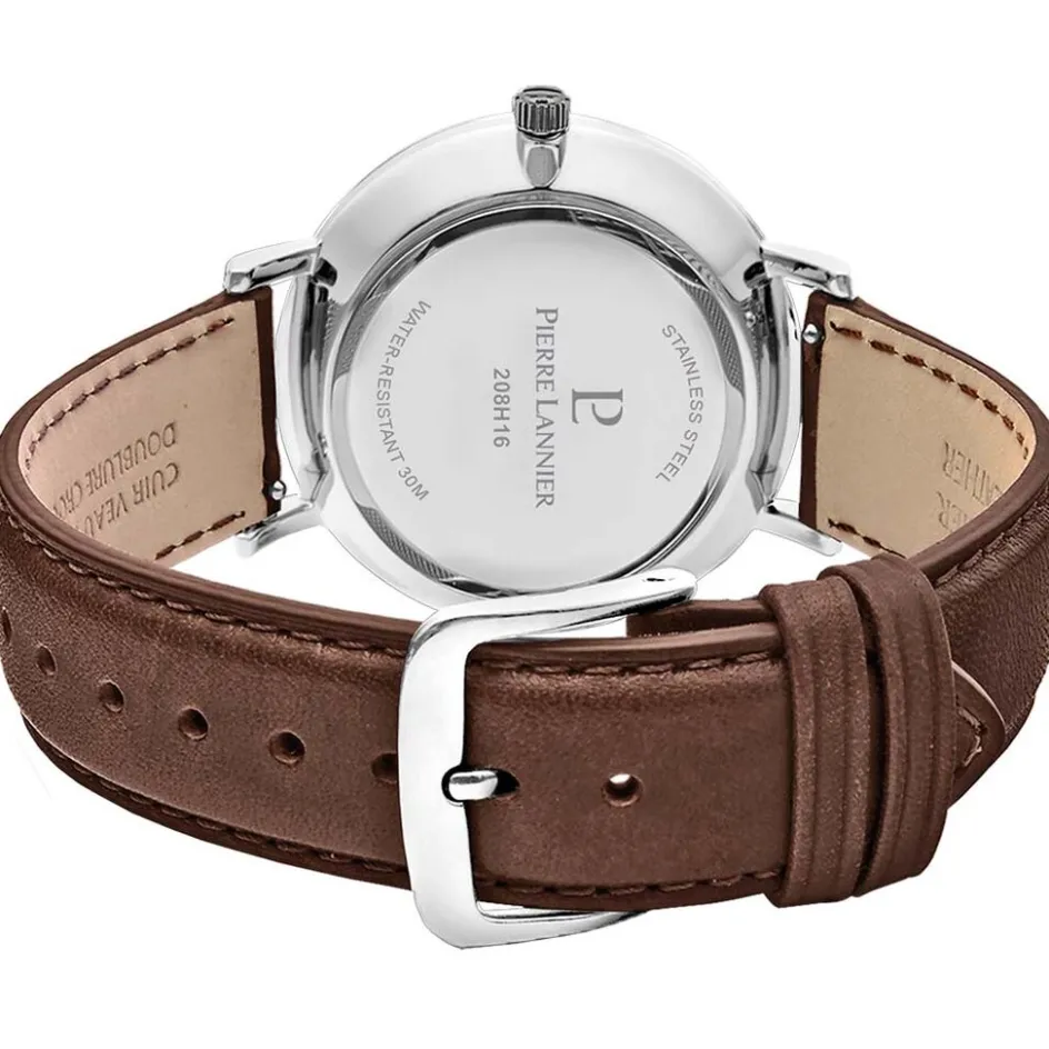 Best PIERRE LANNIER Montre Inti Bleu cadran argenté fond bleu bracelet cuir brun