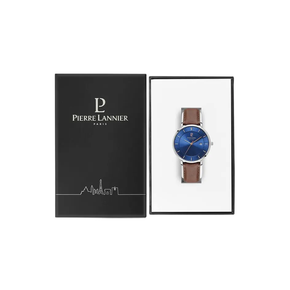 Best PIERRE LANNIER Montre Inti Bleu cadran argenté fond bleu bracelet cuir brun