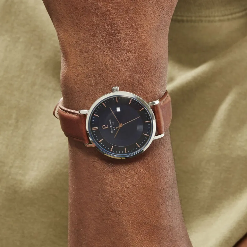 Best PIERRE LANNIER Montre Inti Bleu cadran argenté fond bleu bracelet cuir brun
