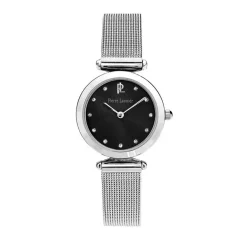 PIERRE LANNIER Montre Justine Noir cadran argenté fond noir bracelet acier argenté