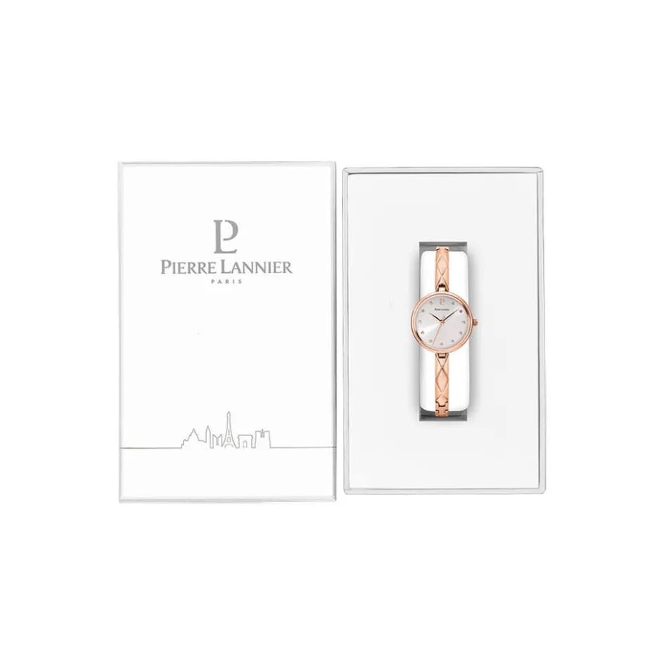 Online PIERRE LANNIER Montre Leia Blanc cadran doré rose fond blanc bracelet acier doré rose