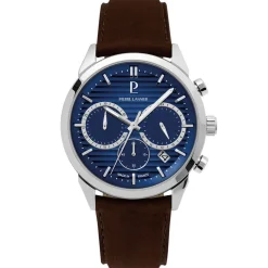 New PIERRE LANNIER Montre Monarck Bleu cadran argenté fond bleu bracelet cuir de vache marron