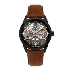 Outlet PIERRE LANNIER Montre Monarck Bicolore cadran noir fond bicolore bracelet cuir de vache marron