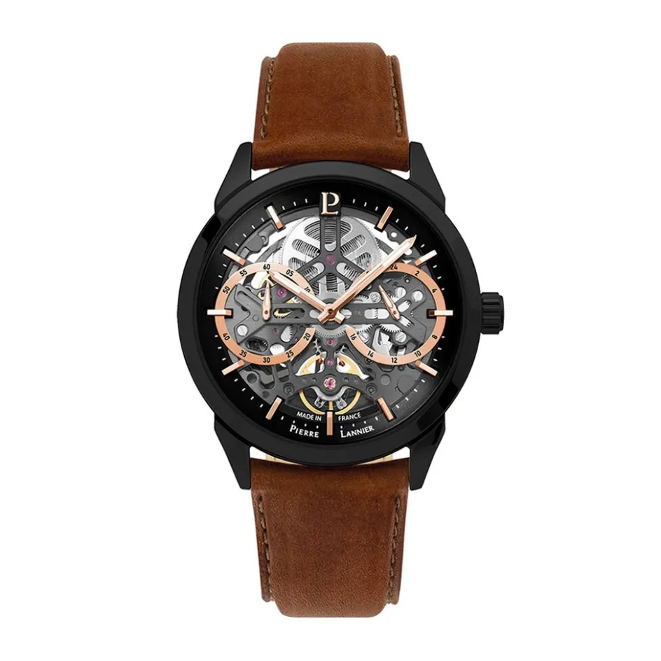 Outlet PIERRE LANNIER Montre Monarck Bicolore cadran noir fond bicolore bracelet cuir de vache marron