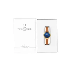Best PIERRE LANNIER Montre Nova Bleu cadran argenté fond bleu bracelet cuir brun