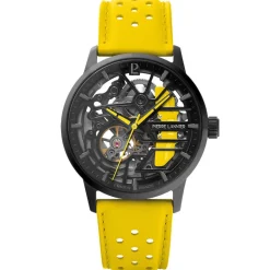 Discount PIERRE LANNIER Montre Paddock Noir cadran noir fond noir bracelet cuir de vache jaune
