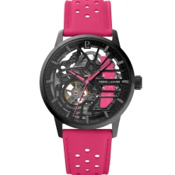 Online PIERRE LANNIER Montre Paddock Noir cadran noir fond noir bracelet cuir de vache rose