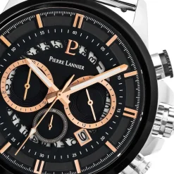 Sale PIERRE LANNIER Montre Sentinelle Noir cadran argenté fond noir bracelet acier argenté