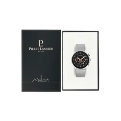 Sale PIERRE LANNIER Montre Sentinelle Noir cadran argenté fond noir bracelet acier argenté