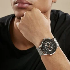 Sale PIERRE LANNIER Montre Sentinelle Noir cadran argenté fond noir bracelet acier argenté