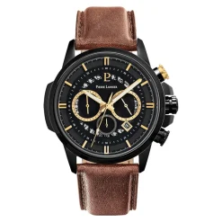 Outlet PIERRE LANNIER Montre Sentinelle Noir cadran noir fond noir bracelet cuir brun