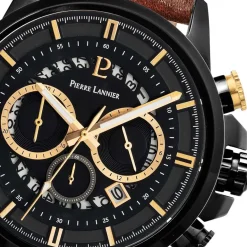 Outlet PIERRE LANNIER Montre Sentinelle Noir cadran noir fond noir bracelet cuir brun