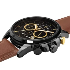 Outlet PIERRE LANNIER Montre Sentinelle Noir cadran noir fond noir bracelet cuir brun