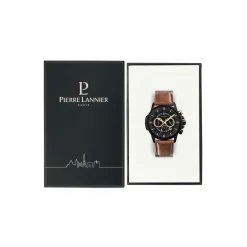 Outlet PIERRE LANNIER Montre Sentinelle Noir cadran noir fond noir bracelet cuir brun