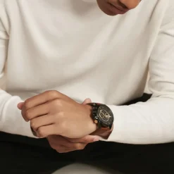 Outlet PIERRE LANNIER Montre Sentinelle Noir cadran noir fond noir bracelet cuir brun