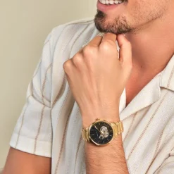 Hot PIERRE LANNIER Montre Trio Noir cadran doré fond noir bracelet acier doré