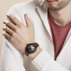 Clearance PIERRE LANNIER Montre Trio Noir cadran noir fond noir bracelet cuir brun