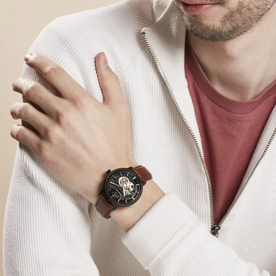 Clearance PIERRE LANNIER Montre Trio Noir cadran noir fond noir bracelet cuir brun