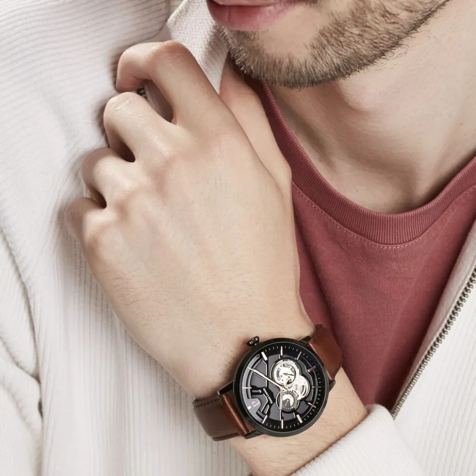 Clearance PIERRE LANNIER Montre Trio Noir cadran noir fond noir bracelet cuir brun