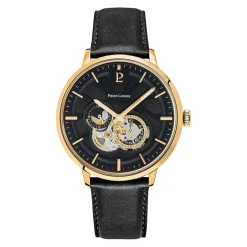 PIERRE LANNIER Montre Trio Noir cadran doré fond noir bracelet cuir noir