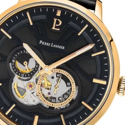 PIERRE LANNIER Montre Trio Noir cadran doré fond noir bracelet cuir noir