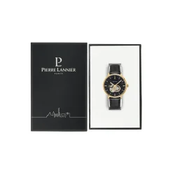 PIERRE LANNIER Montre Trio Noir cadran doré fond noir bracelet cuir noir