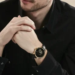 PIERRE LANNIER Montre Trio Noir cadran doré fond noir bracelet cuir noir